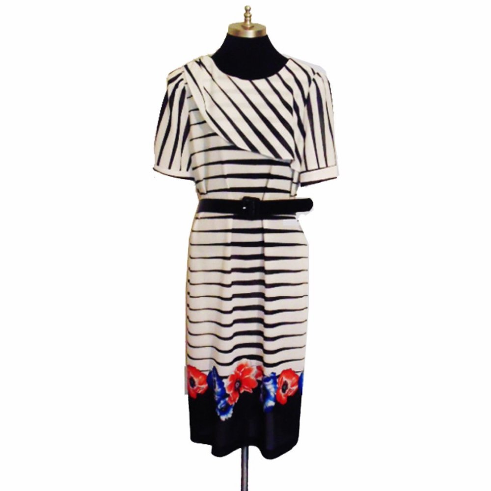 Vtg 80s Plus Size Stripe Floral Dress 20 1/2